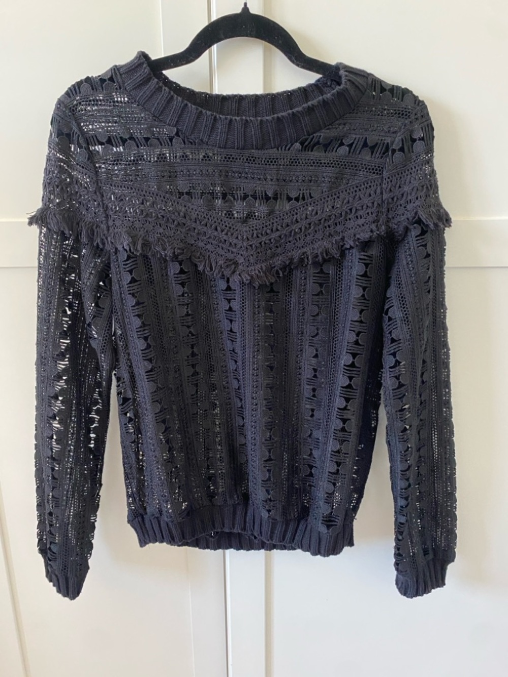 Trouvé Women's Black Coastal Cowgirl Open-Knit Fringe Yoke Top in Size S